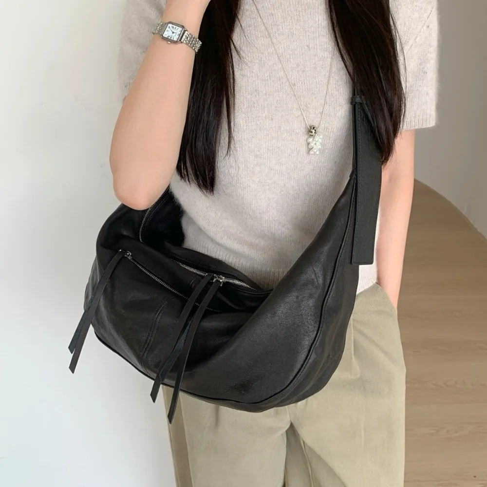 

Высококачественная плиссированная сумка для пельменей большой емкости из овчины, новинка 2025, осенняя сумка через плечо на одно плечо, сумка-круассан подмышками