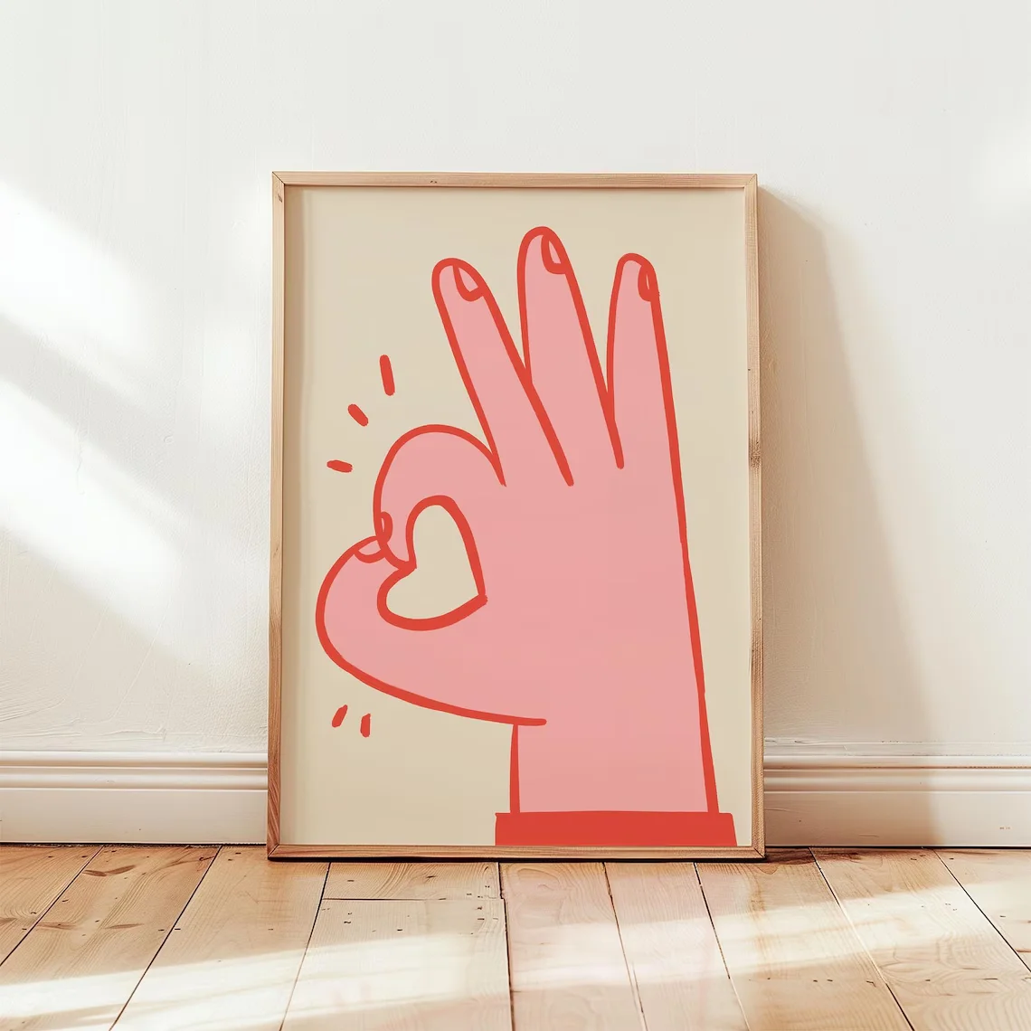 Minimalist Pink OK Hand with Heart Wall Decor Print - Cute, Trendy Line Art of a Pink Hand Making an "OK" Gesture, with a Heart image 2