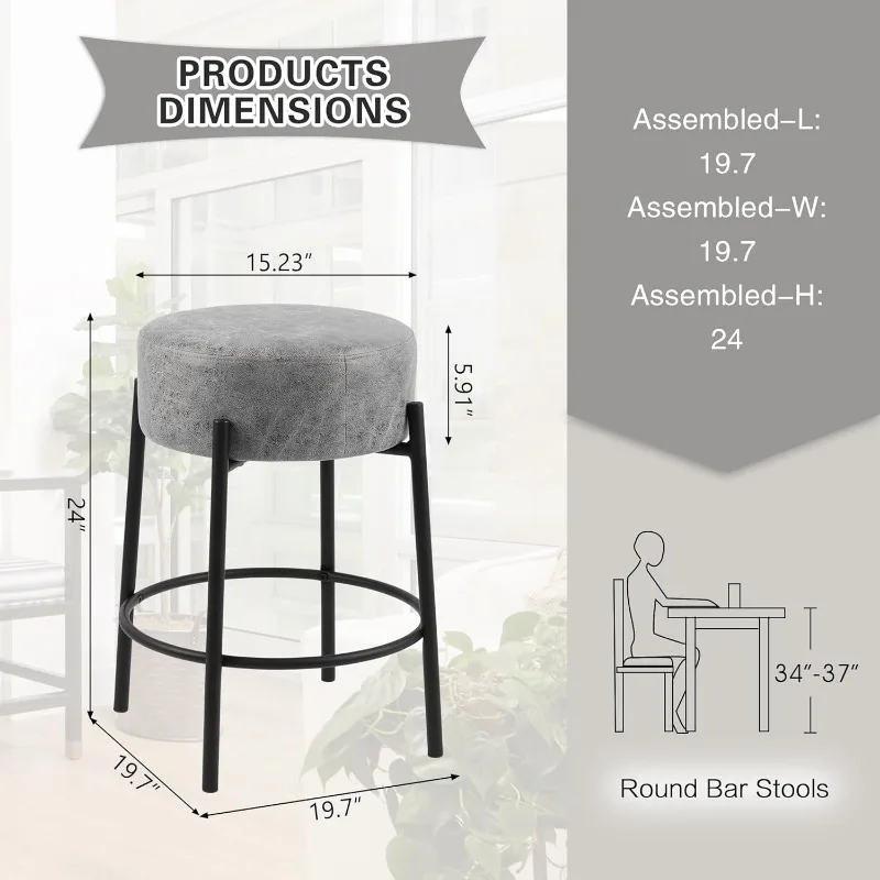 Bangku meja Bar Modern 24 inci, kursi Bar berlapis kain bulat, bangku dapur tanpa punggung