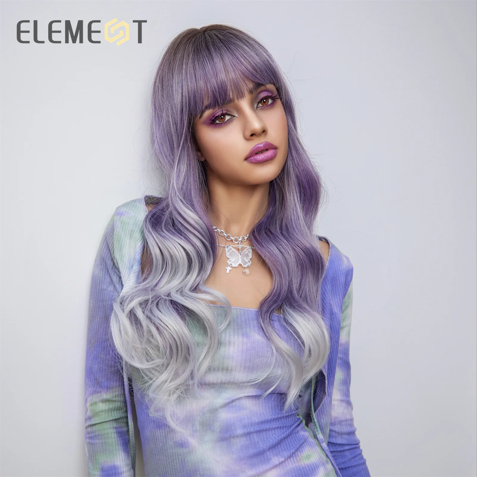 Long Punk Synthetic Wigs Ombre Purple Color Curly Water Wavy Hair Wig with Bangs Cosplay Daily Use Party Heat Resistant