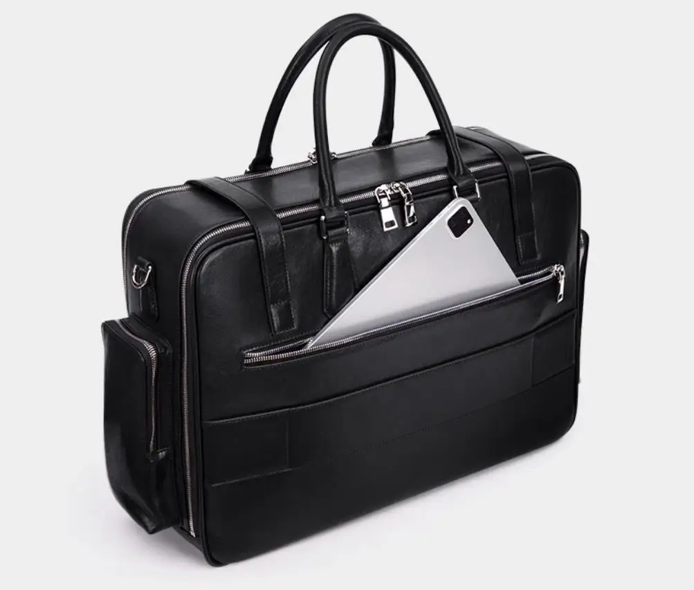 Black Genuine Leather Men's Handbags Business Travel Computer Briefcase Men Double Zipper Large Capacity Shoulder Messenger Bags