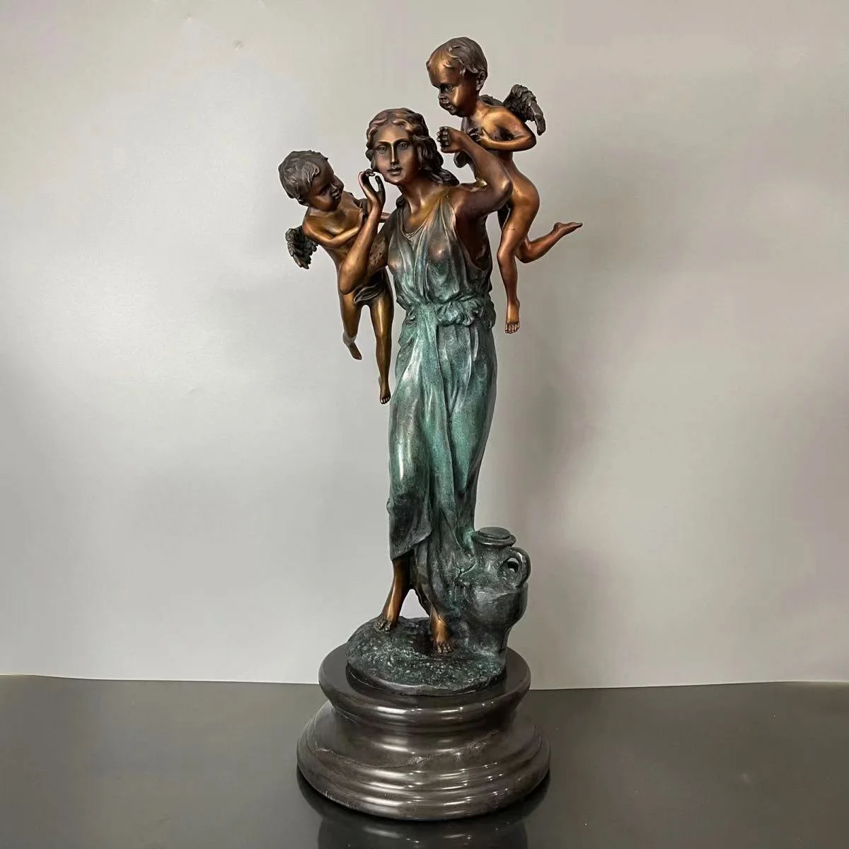 Bronze Cherubs Statue Antique Angels Sculpture Marble Base Handmade Large for Indoor Decoration 60CM