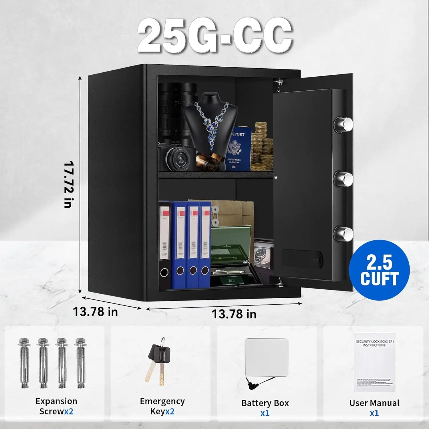 Safe Box for Home Documents- 2.5 Cu Ft Steel Safety Fireproof Waterproof Safe Box, Digital Keypad & Key, Mute Function & Removab