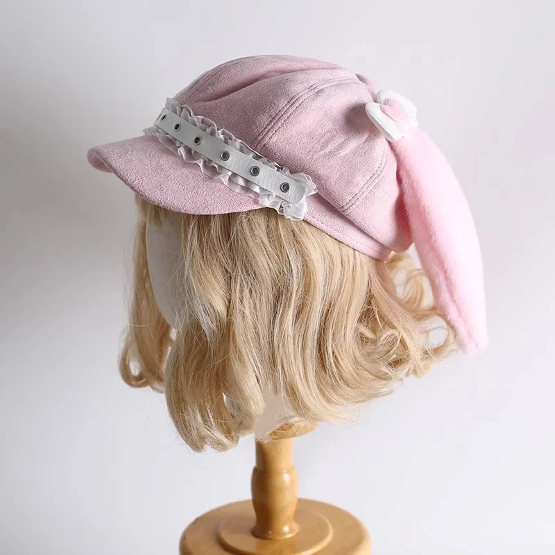 2025 المرأة اليابانية الوردي القلب أرنب قبعة Harajuku القوطية لوليتا الملاك قبعة الدانتيل قبعة ثقافة فرعية Y2K فتاة لطيف قبعات للحماية من الشمس