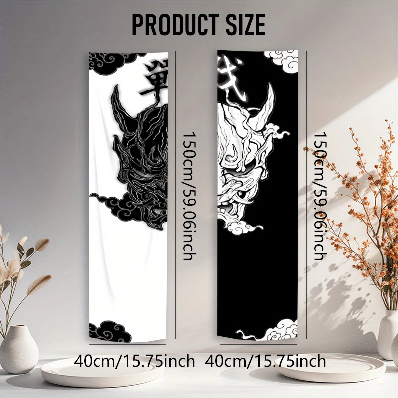 VIKAMA Japanese-Style Bunraku Ghost Face Tapestry, Black And White Shinto-Style Ghost Face Wall Hanging Cloth, Home Decoration