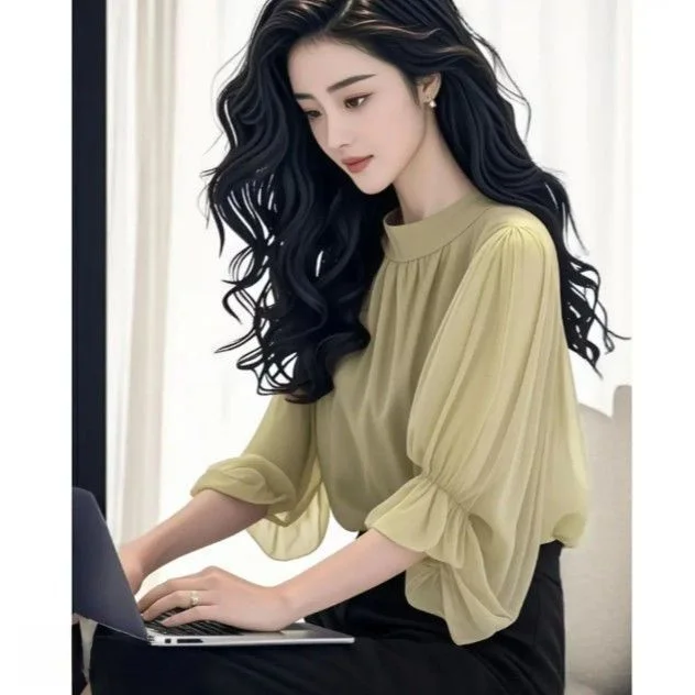 

Ele Pink Milk Tea Color Top Unique Personali Faion Design Summer New Arrival Women's Loose Fit Lace irt with Lanter...