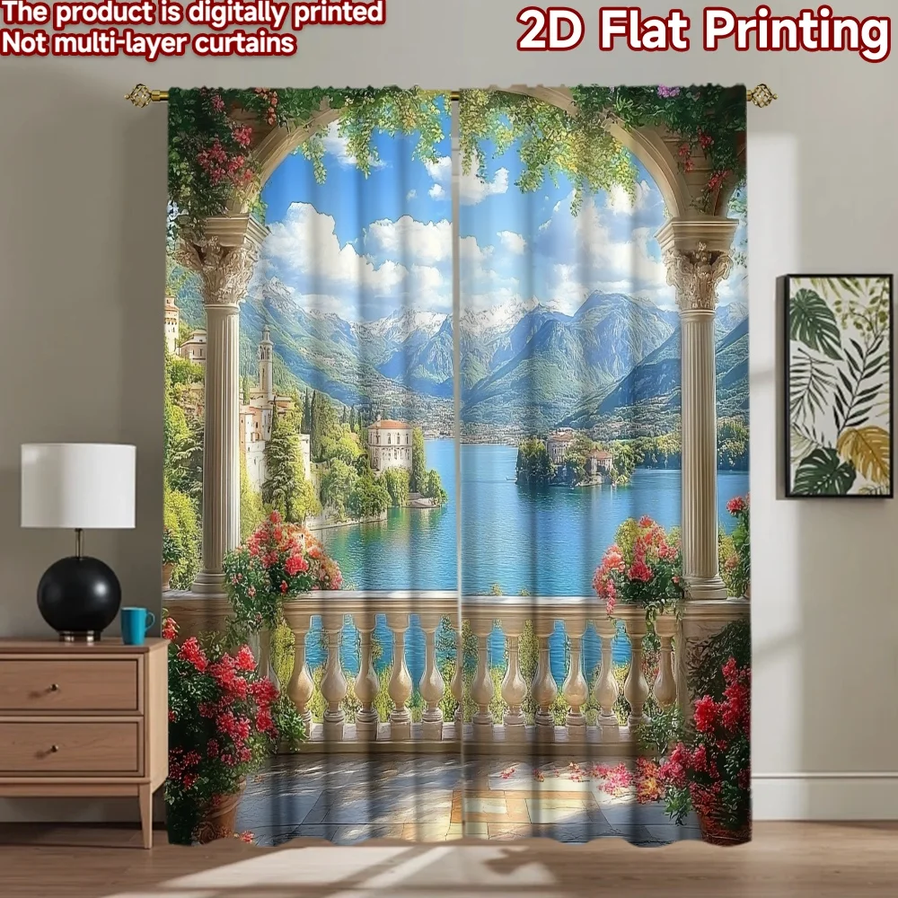 2D flat 2pcs Curtain Home Short Curtains Lake View Terrace Durable polyester fiber Birthday Party for Booths Studio decoration