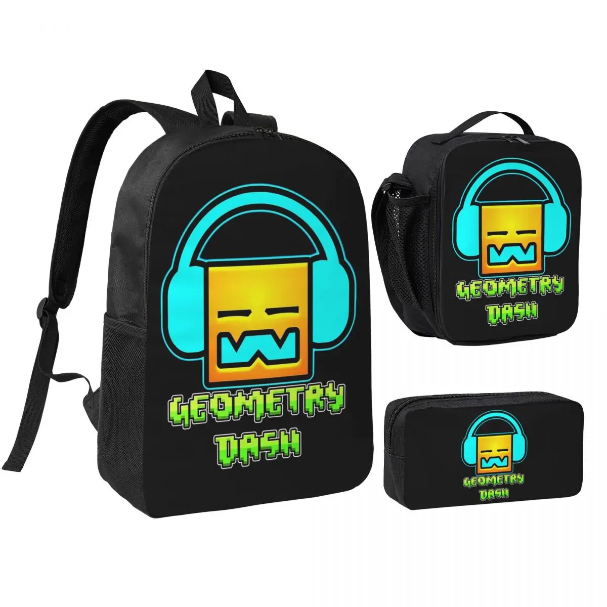 

Geometry Dash Game Music Cute Geometric Backpack Boys Girls BookBag School Bag Shoulder Bags 3ps Insulated Lunch Bag Pencil Case