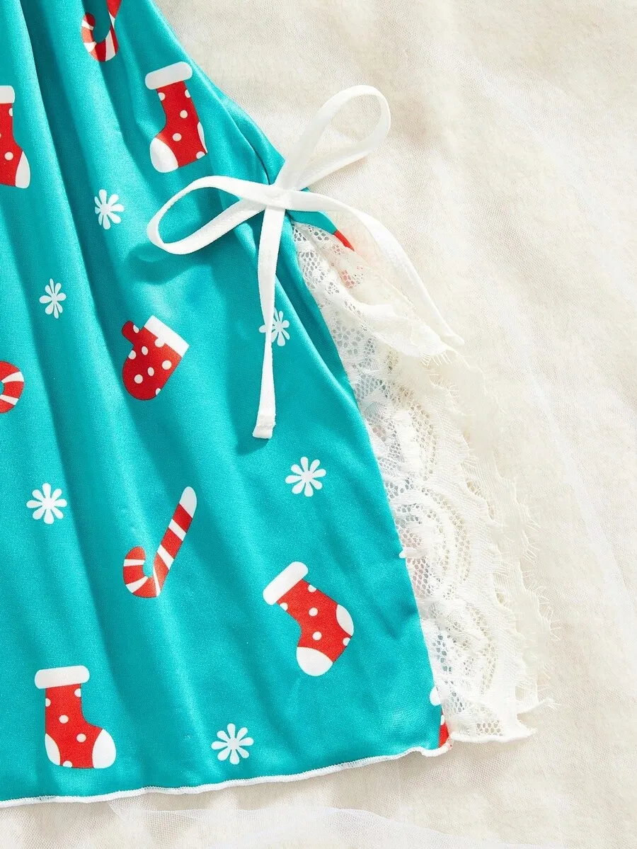 

Women Christmas Print Nightgown With Lace Trim And Bow Detail