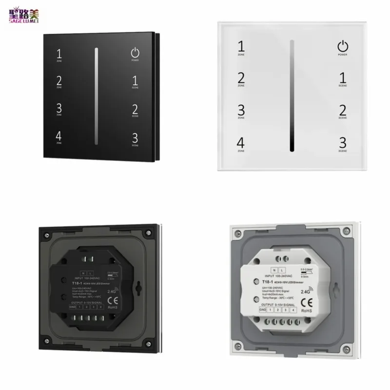 AC110V-240V 4 Zones Touch Panel 0-10V Dimmer T18-1 4CH Channel Glass Controller For SMD5050 Single color LED Strip Lights Ribbon