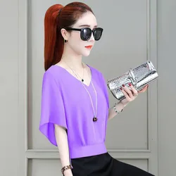 Fashion V-Neck Solid Color All-match Batwing Sleeve Blouse Women's Clothing 2023 Summer New Oversized Casual Tops Commuter Shirt