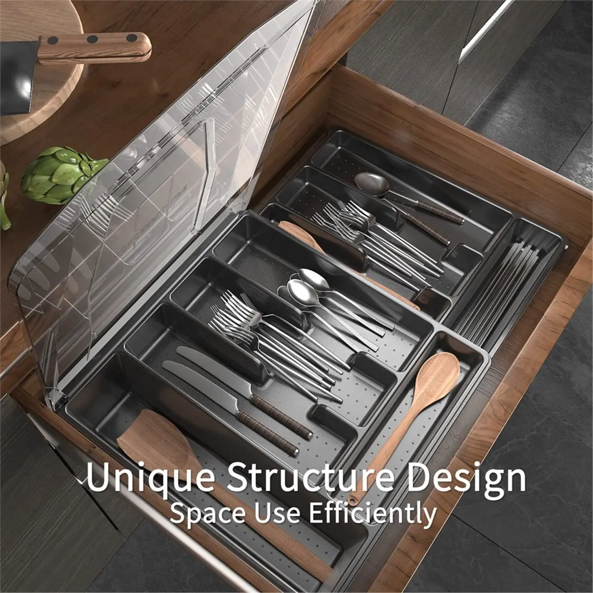 New Arrival Double Layer Silverware Tray with Lid, Drawer Organizer for Utensil Tray, Cutlery Storage Holder with Cover