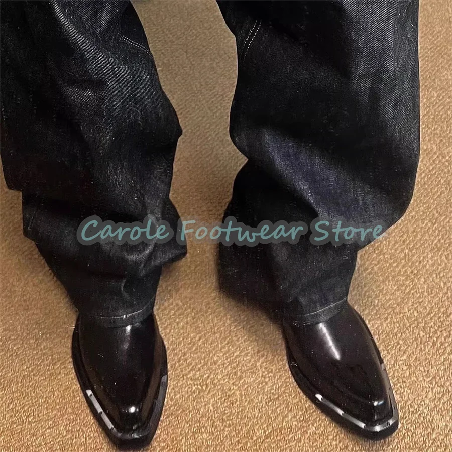 Retro Metal Pointed Toe Chelsea Boots for Men Punk Chunky Heel Heigh Increasing Motorcycle Boots Male Business Ankle Boots