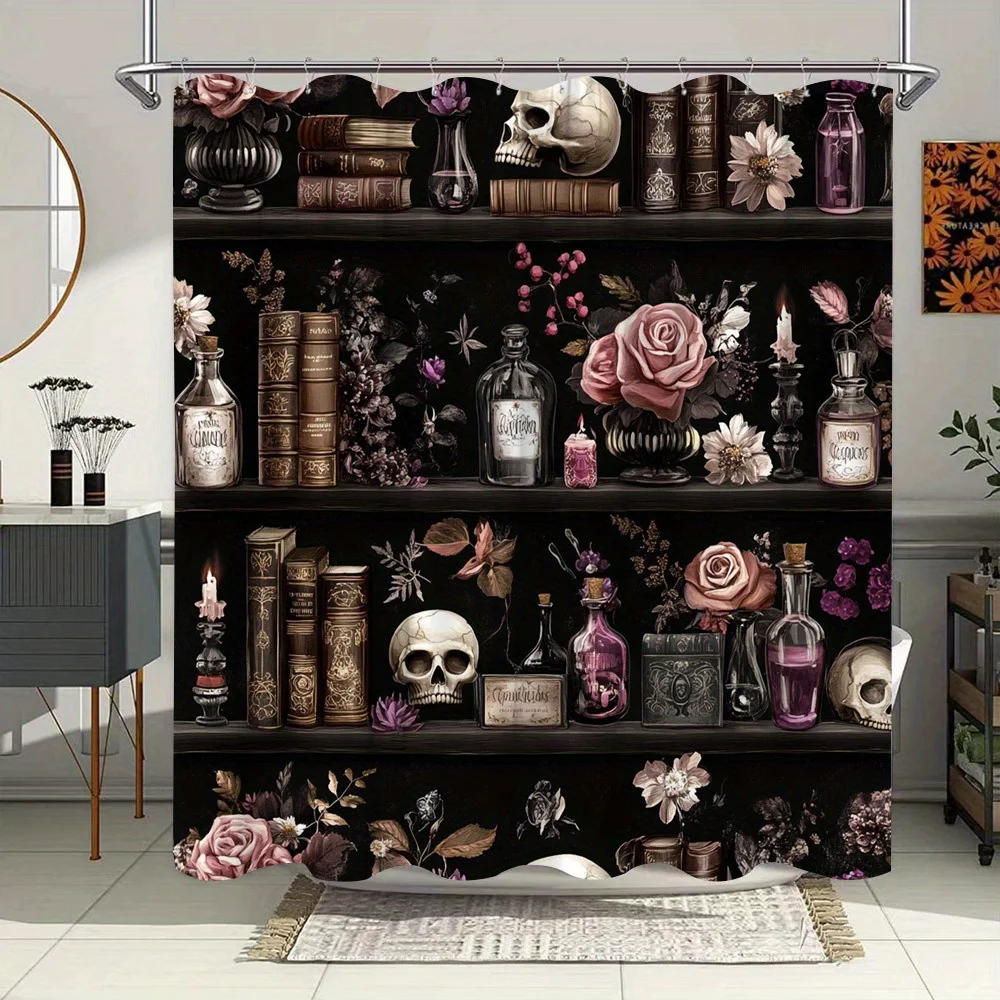 

"Gothic Vintage Bookshelf Shower Curtain with Skulls, Roses & Magic Bottles – Spooky Halloween Bathroom Decor