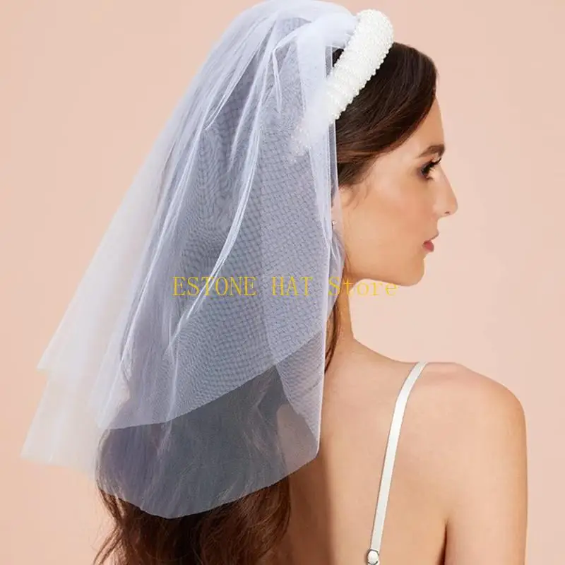 

49MF Elegant Full Pearls Headband Princess Headpieces Pageant Prom Party Wedding Veil Bride to Be Short Tulle