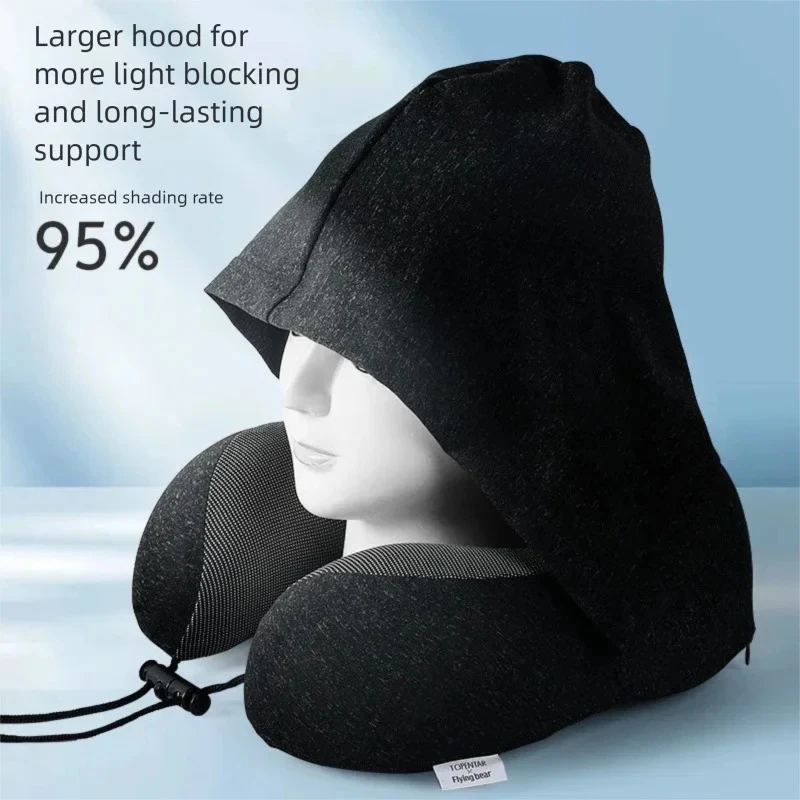 Hooded U-Shaped Pillow, Travel Neck Pillow, Memory Foam, Light-Blocking Nap Pillow, Portable Cervical Pillow for Airplanes and High-Speed Trains, Removable and Washable