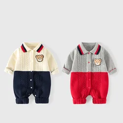 Baby Boys Bodysuit Autumn Spring Ins Cartoon Bear Striped Polo Collar Newborn Boys Romper Jacquard Patchwork Infant Boys Onesies