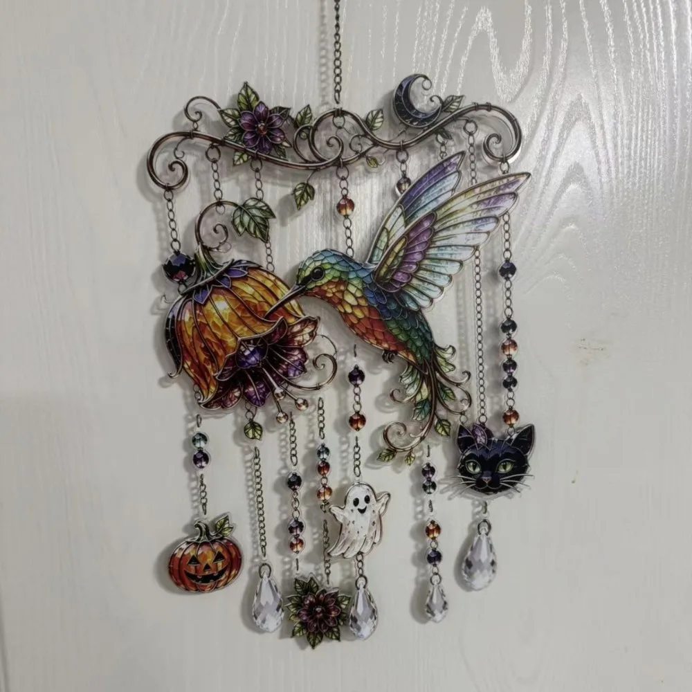 Halloween Themed Crystal Wind Chime Dangling Strands Hanging Chain Glass Suncatcher Stained Glass Faceted Teardrops Wind Chime