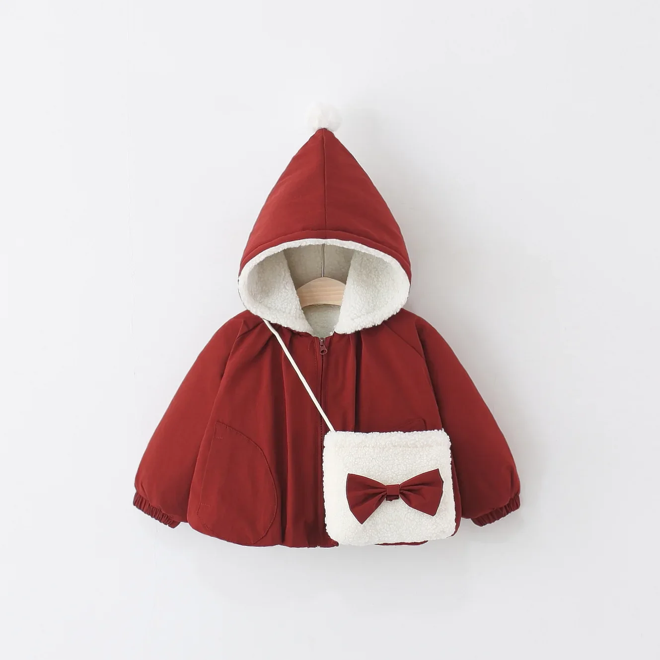 

Winter Cotton Jacket 1-5Y Girls Coat Pointed Hood Pom Pom Bow Detail Fleece Lined Thickened Crossbody Bag Warm Outerwear