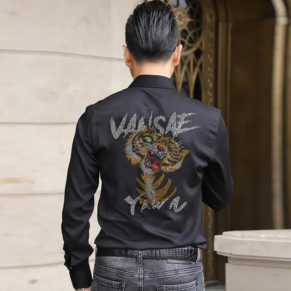 Men Shirt  Long Sleeve  Rhinestone Color New Clothing Summer Streetwear Casual Fashion  Tops 124