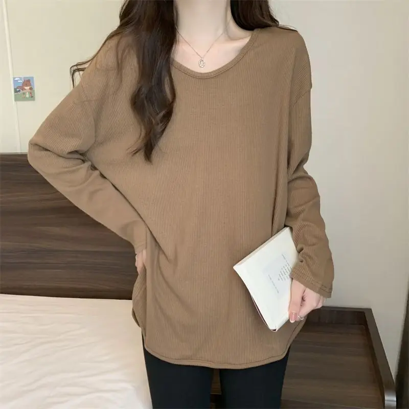 Street Casual Split Hem Loose Tops Spring Autumn New Long Sleeve O-Neck Solid Bottoming Shirt Fashion Harajuku Women Clothing