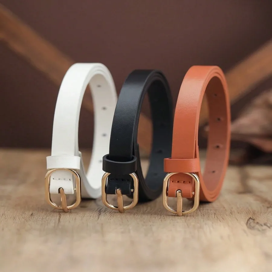 A set of 3 thin waist belts with a simple oval golden buckle, which are versatile.