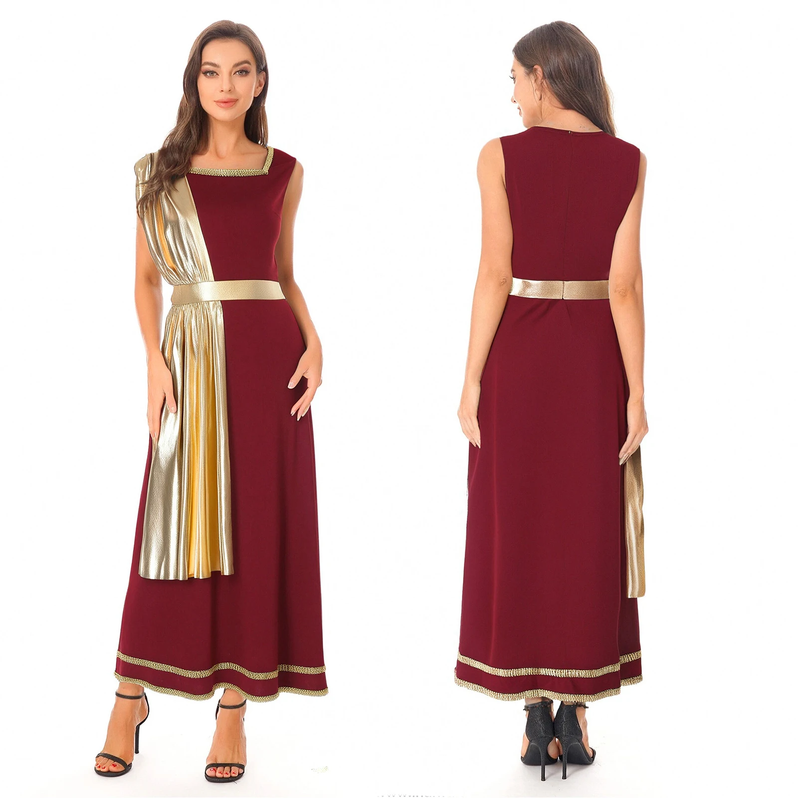 

Womens Ancient Greek Theme Cosplay Costume Roman Tunic Dress Square Neck Sleeveless Gold Trim Metallic Shiny Drape Roleplay Robe