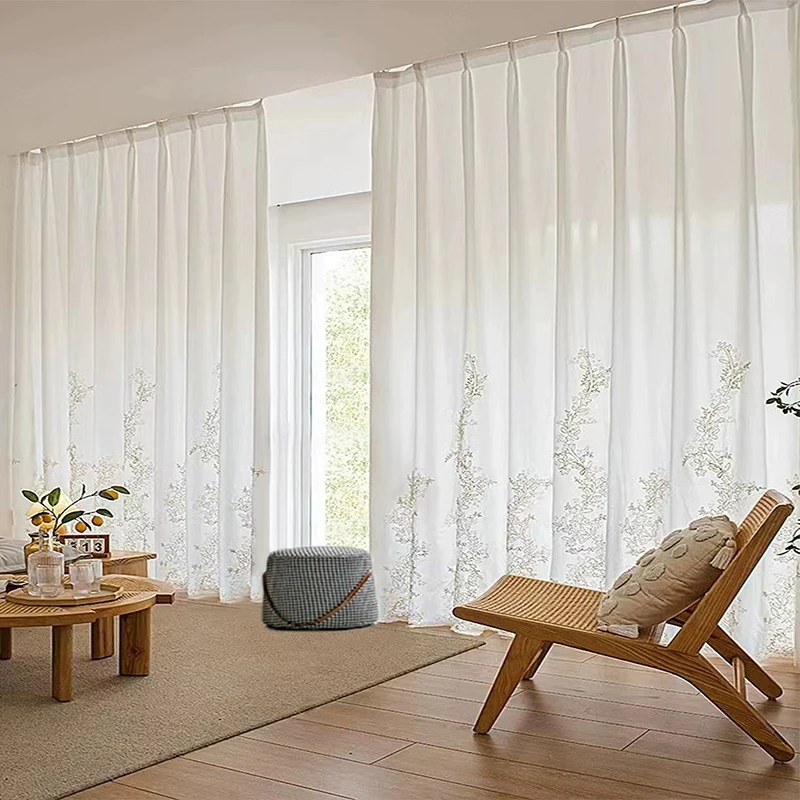 2 Stück weiße, mit botanischen Motiven bestickte transparente Vorhänge – minimalistische, lichtfilternde Sichtschutzvorhänge für Schlafzimmer und Wohnzimmer