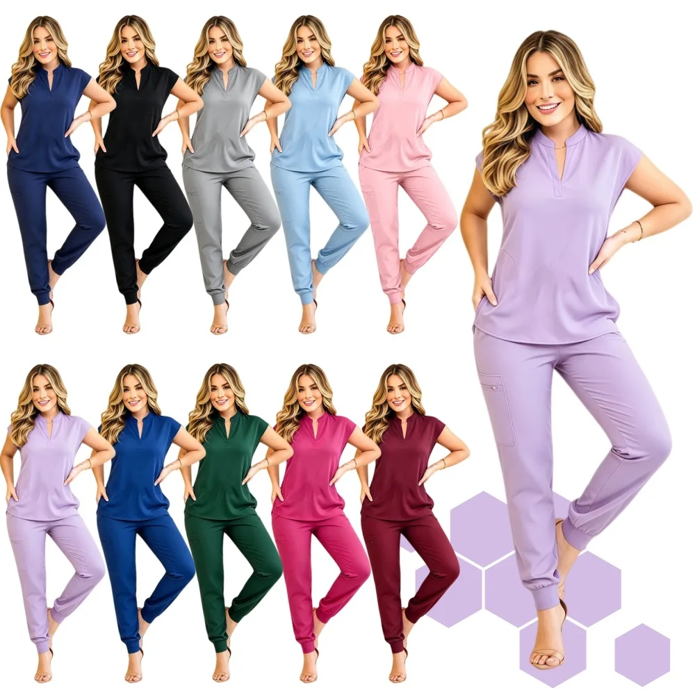 Stand Collar Cap Sleeve Scrub Set Elastic Jogger Pants Soft Breathable Medical Uniform for Nurse Doctor Salon Clinic Workwear