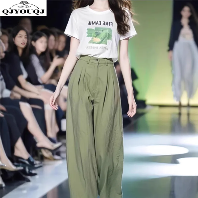 

Spring and summer new women's fashion printed short sleeved T-shirt+wide leg pants sweet style two-piece set