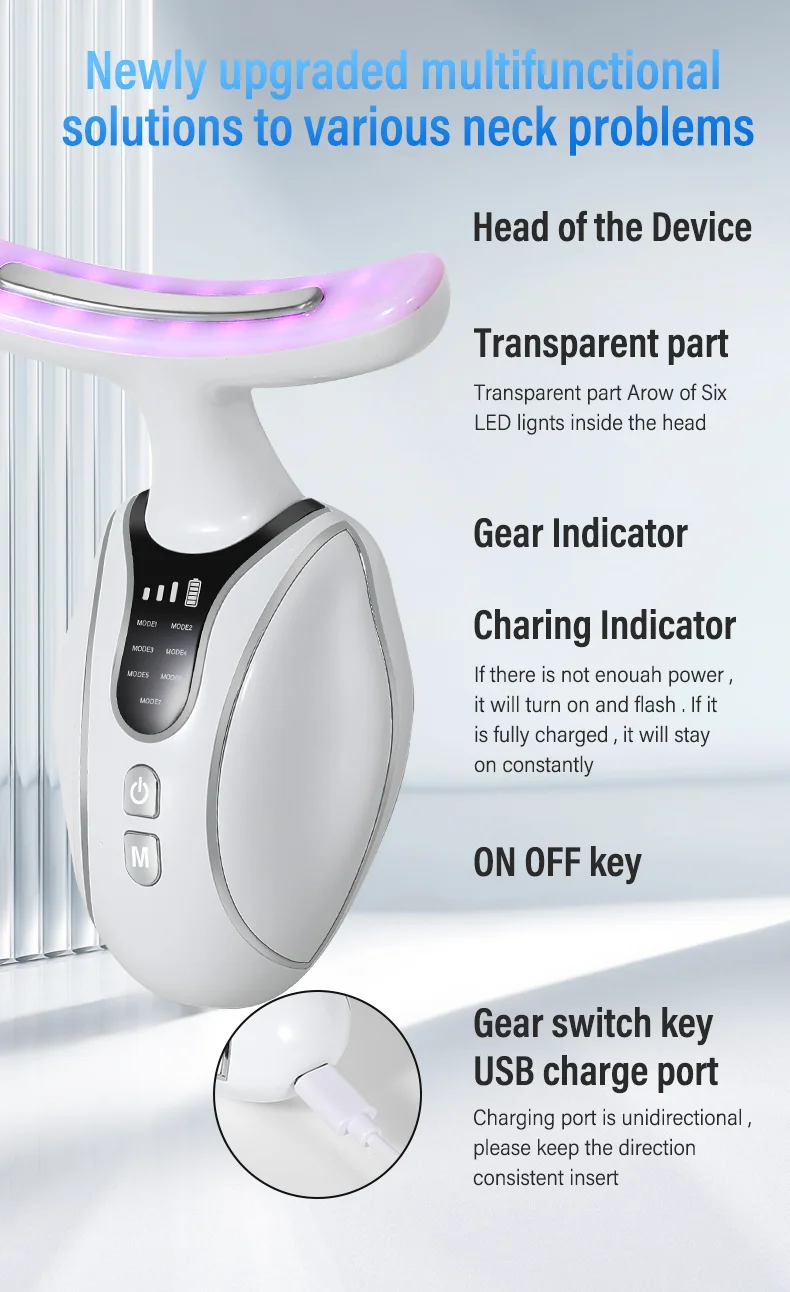 Dispositivo de beleza facial e pescoço de 7 cores para cuidados pessoais do rosto e do pescoço com massagem vibratória térmica, massa para cuidados com a pele em casa