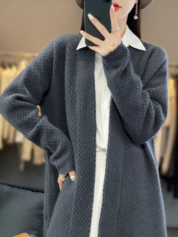 Women’s Wool Cardigans Sweater Autumn Winter 100% Merino Wool Knitwear Thick Loose Coat Long Sleeve Cashmere Warm Clothing Tops