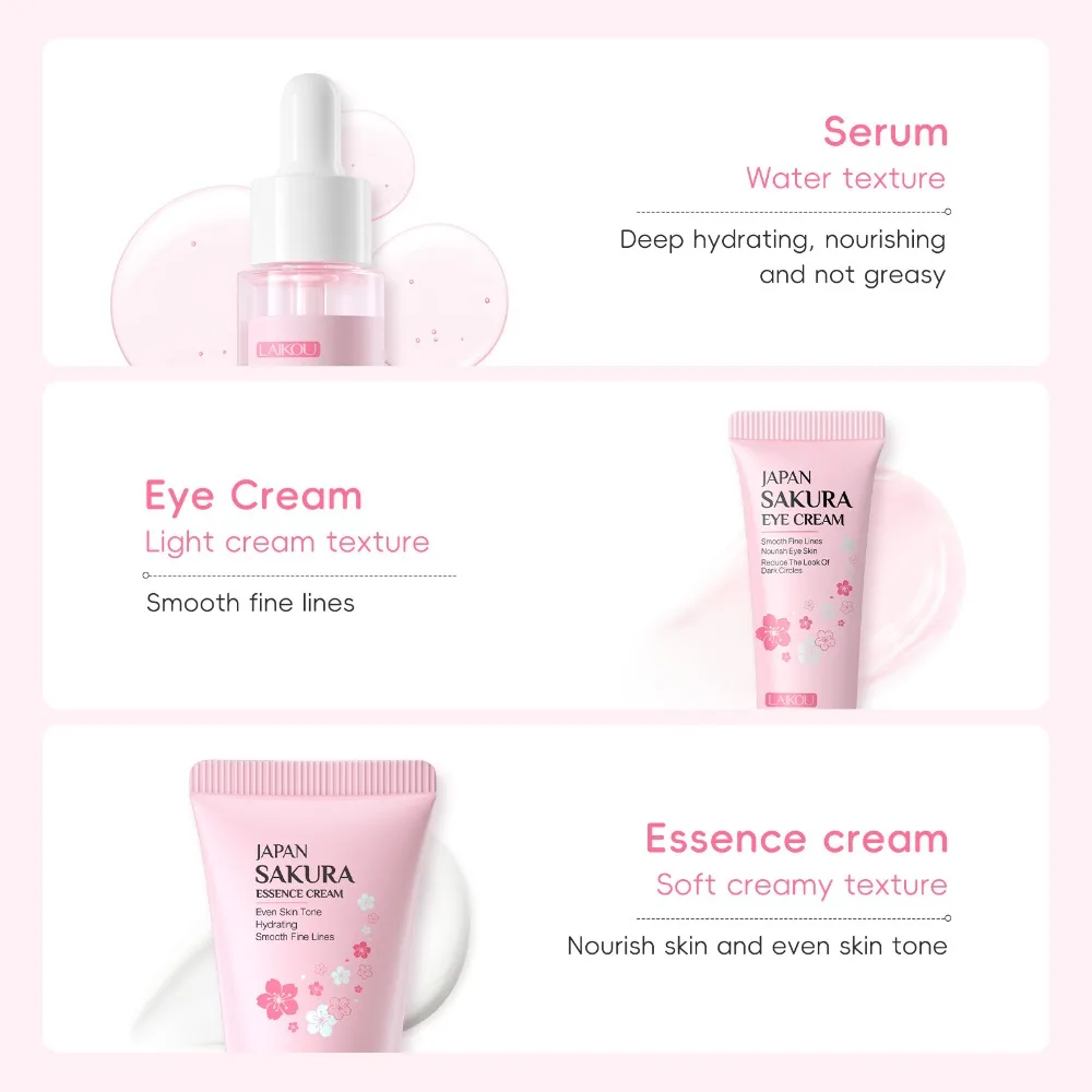 LAIKOU Japan Sakura Skincare Set Mini 3pcs Sets Essence Eye Cream Face Cream Skin Care Product Facial Care Sets Beauty Products