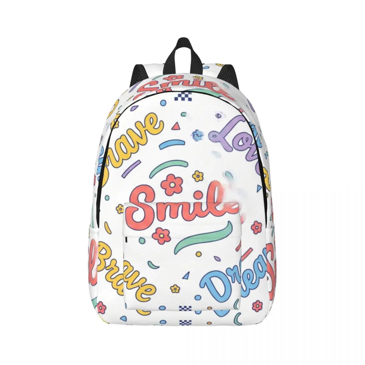 Cute Student Backpack Center Dream Smile Words Preppy School Colorful White Printed Bookbag with Pockets for School Work Weekend