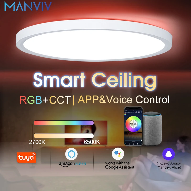 

MANVIV 24W TUYA Ceiling lamps RGB Dimmable APP Voice Control With Alexa Smart ultra-thin Led lights For Bedroom Living room