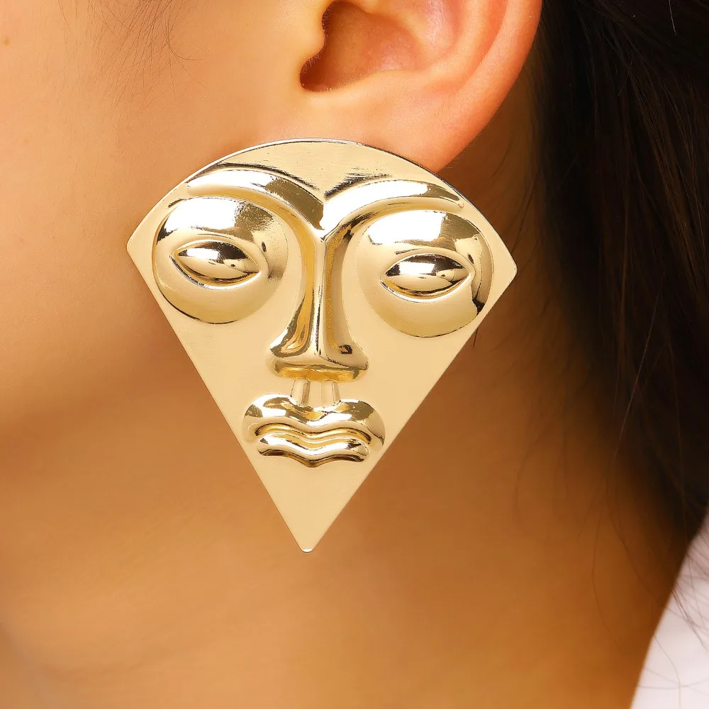 Exaggerated Abstract Alien Triangular Face Tribal Mask Stud Earrings for Women Statement Unique Art Jewelry Accessories Gifts