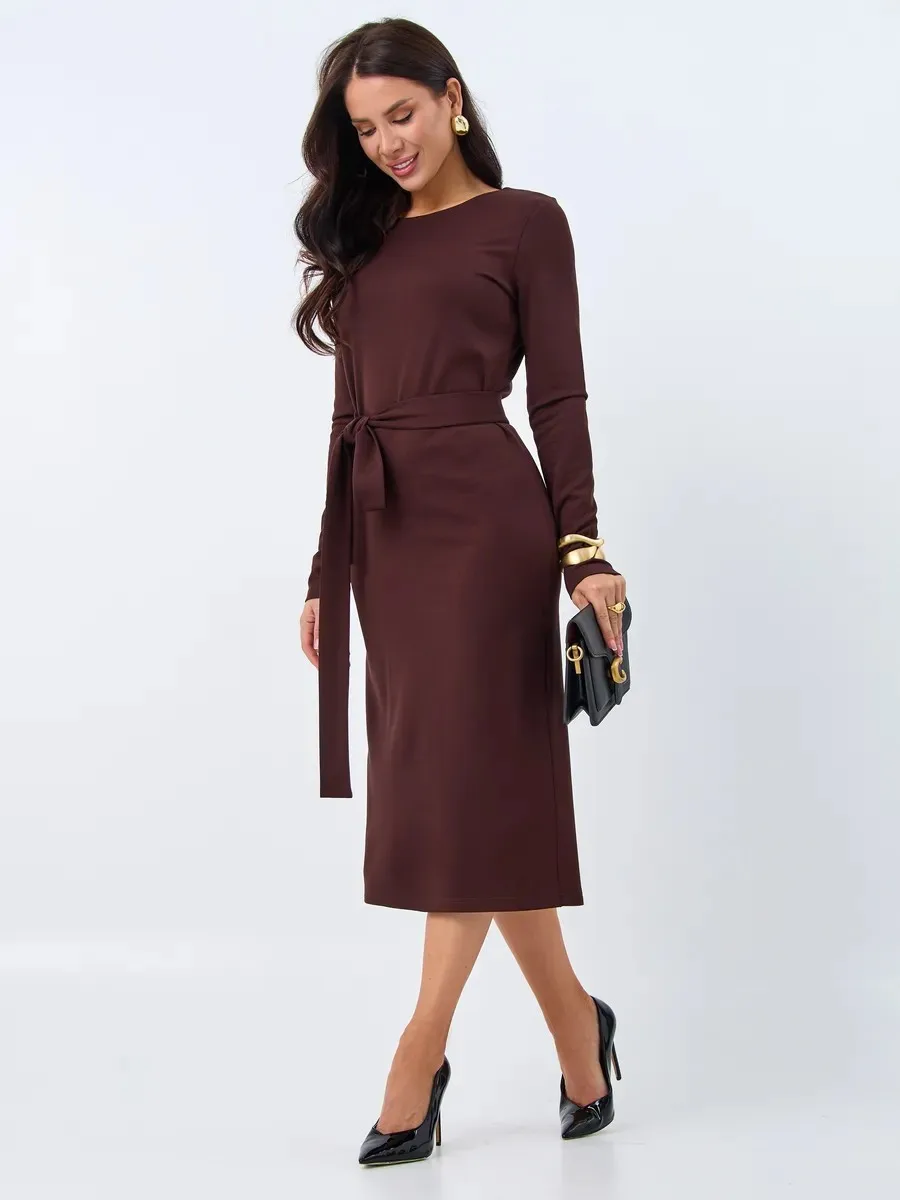 

Women's autumn dress Elegant Long Evening Dresses for Party Wedding Stylish Crew Neck Belted Midi Dress with Open Back