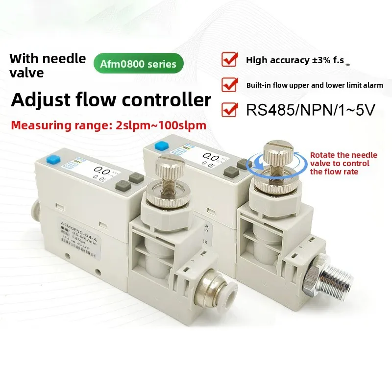 AFM0800 Needle Valve Gas Mass Flow Meter Digital Flow Controller Air Nitrogen Oxygen RS485 1-5V NPN Quick Fittings