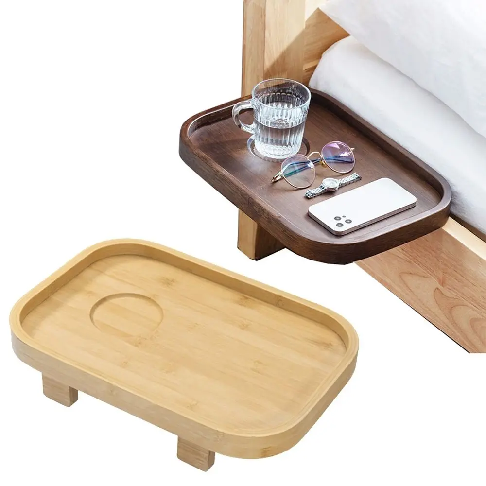 

Clamp on Bamboo Bedside Shelf Non-slip With Cup Holder Small Side Table Raised Edge Easy Installation