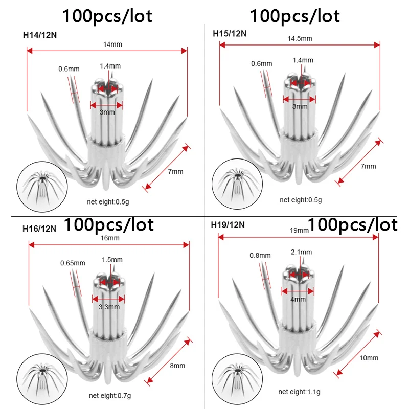 100 pcs high-quality stainless steel umbrella hooks, multi clawed hooks, 12 clawed and 14 clawed, anti seawater squid jig hooks