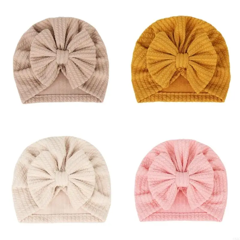 C63C Baby Girl Bowlnot Infant Turban Hat Waffle-Knit Soft Nursery Beanie Hospital Hat