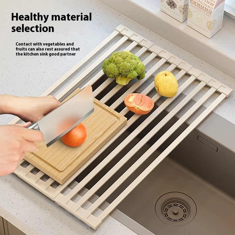 304 Stainless Steel Kitchen Drain Rack, Foldable Sink, Drain Basket, Sink Storage Rack, Roller Shutter, Silicone Drain Pad