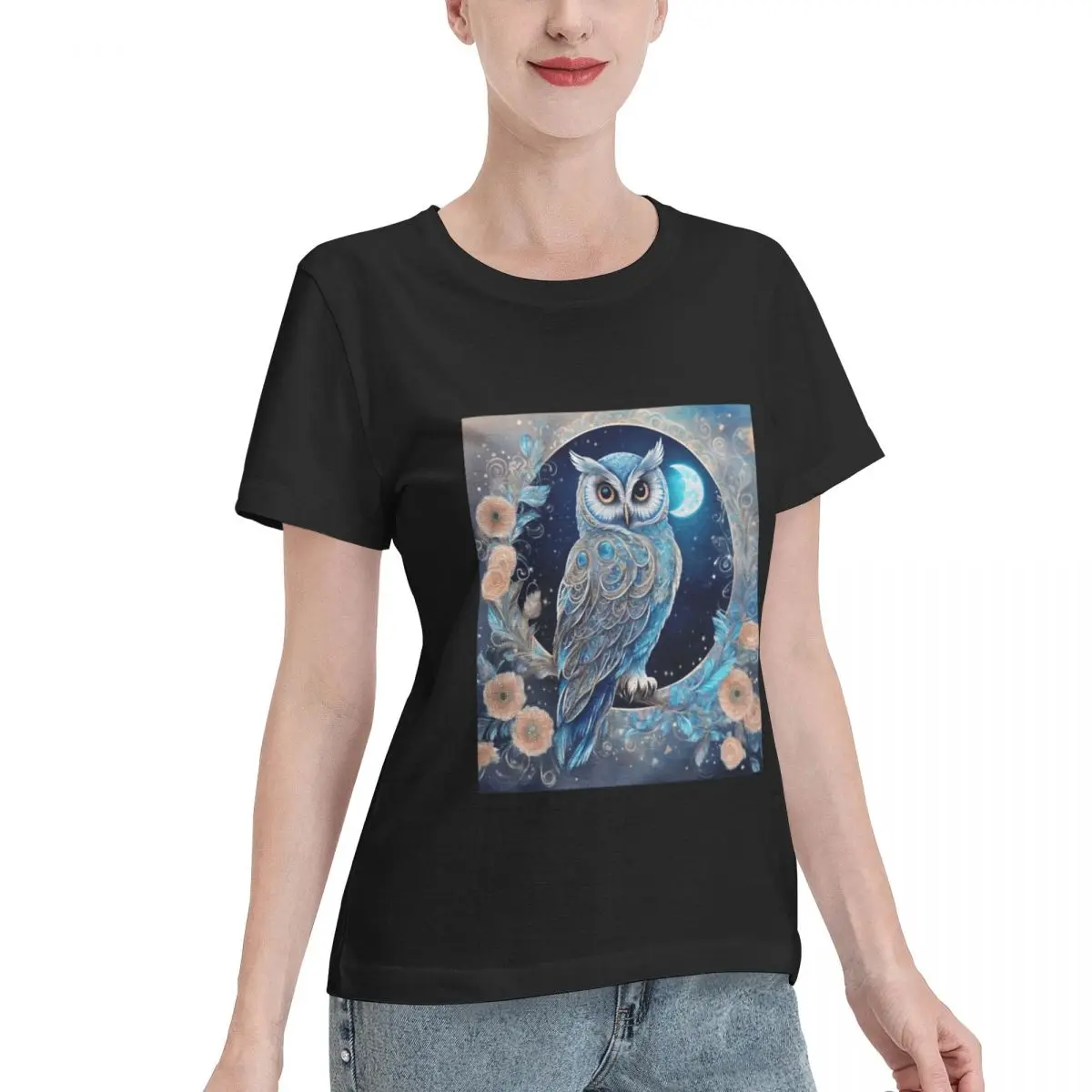 Trending Now A Fantasy Owl Surrounded By Flowers And Moonlight And Stars Women's T-shirt Ootd Fashion Ladies Shirt