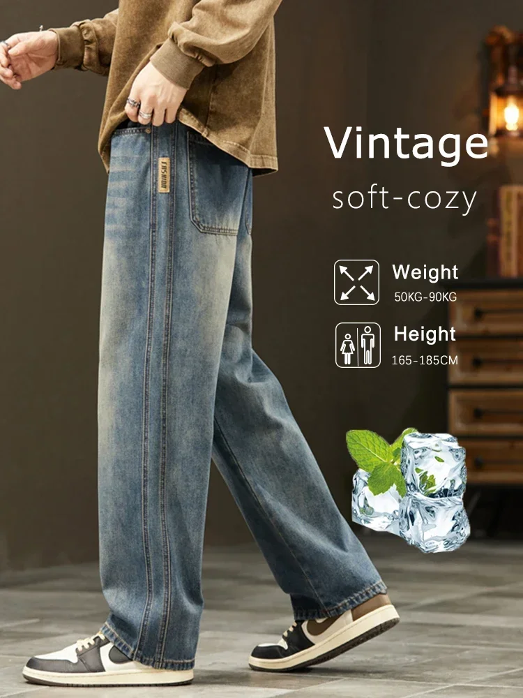 

Pop Fashion Thin Streetwear Vintage Jeans For Men's Personality Baggy Casual Trousers Straight Wide Denim Pants Male