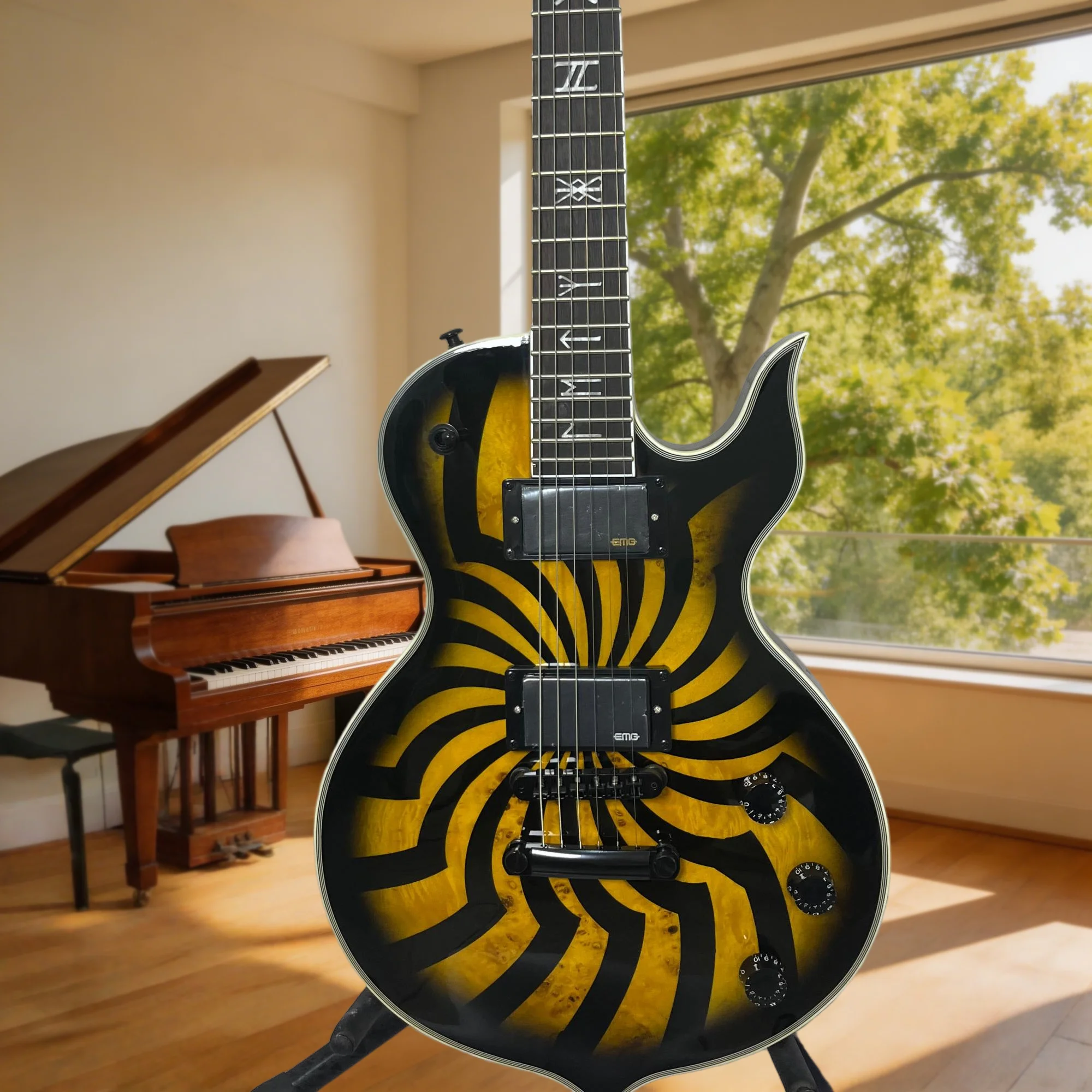 Cutaway Body Electric Guitar Sharp Horns Black Binding Yellow-Black Spiral Pattern  Heavy Metal Rock  Viking Rune Theme