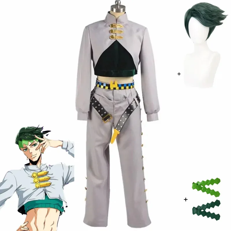 

Anime Jojo'S Bizarre Adventure The Jojolands Rohan Kishibe Cosplay Costume Grey Short Tops Pants Uniform Headband Wig Man Suit