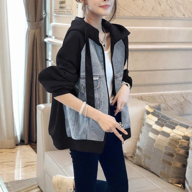 Fashion Denim Stitching Hoodie Women\'s Spring Autumn Loose Casual Outwear Vintage Long Sleeves Jeans Jacket Female