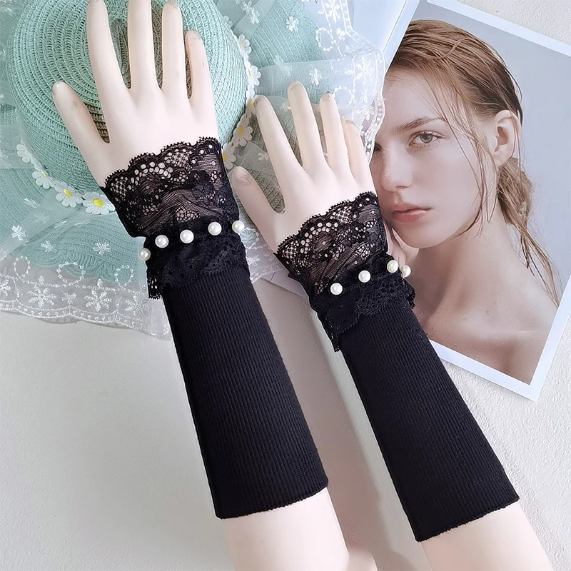 3 Sizes Handmade Lace Flower Pearls Fingless Bridal Dress Sleeves Wedding Bridesmaids Women Party Prom Gloves Dress Accessories