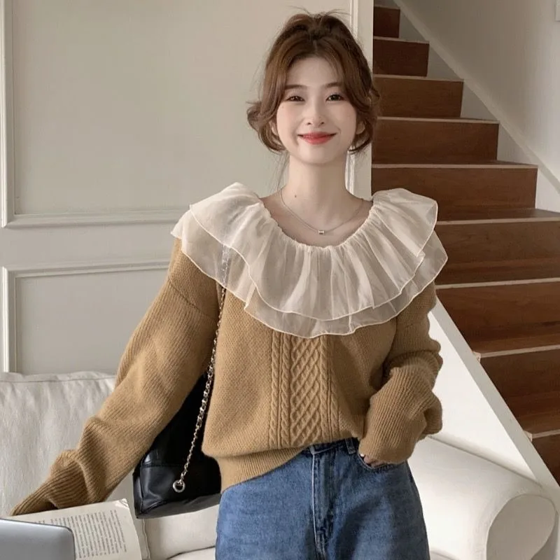 Korean version short contrasting loose knit sweater for women's new style spliced small fragrant style mushroom edge top