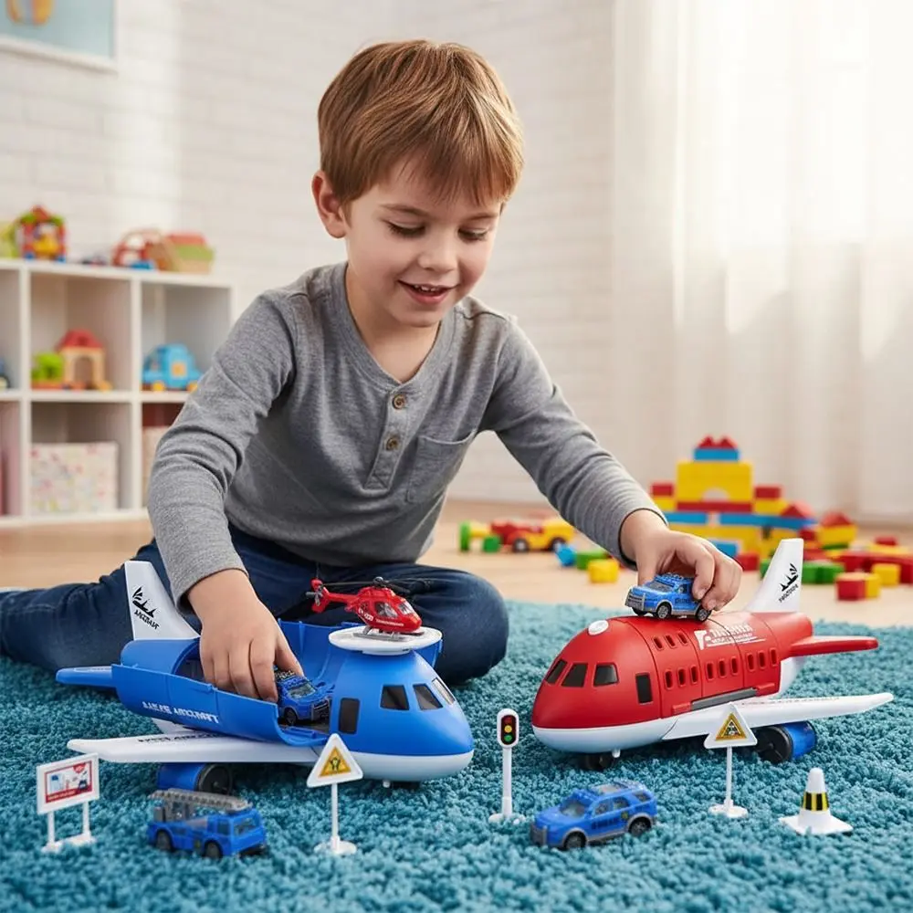 Criativo vermelho azul inércia ferroviário avião brinquedo de plástico pista deformável inércia carro avião modelo aleatório carro sinal estrada pista brinquedo presente